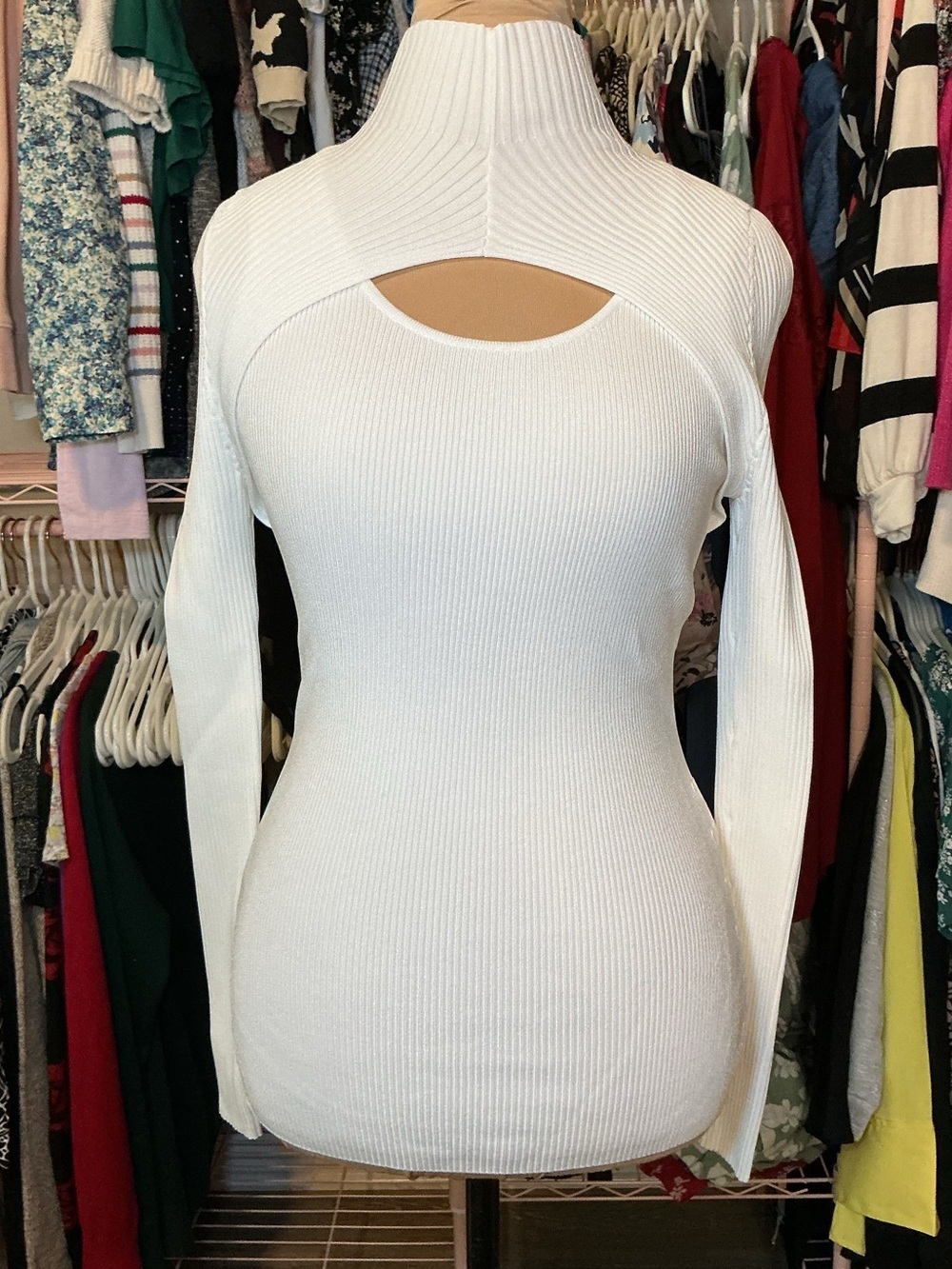 Cream Ribbed Cutout Mock Neck Sweater - Picture 3 of 9